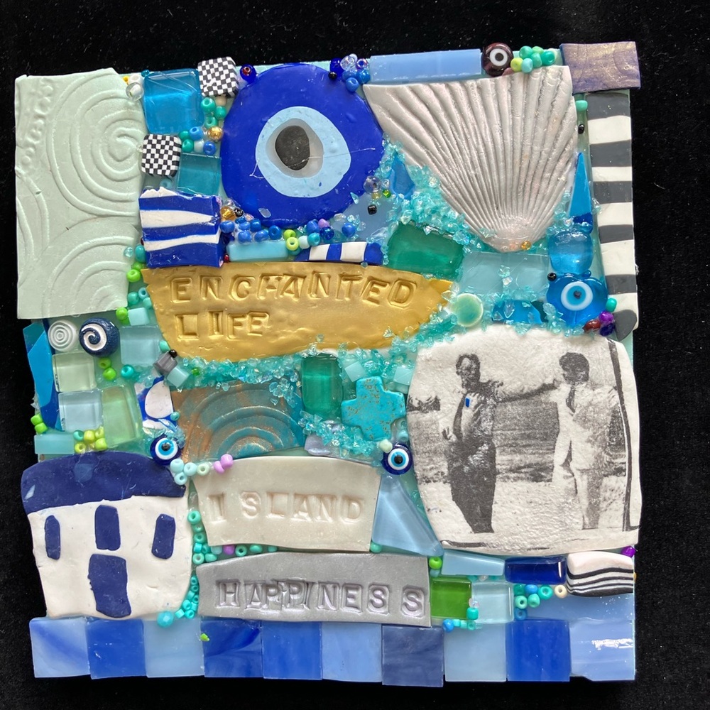 Handmade Mosaic Art” Island life”Polymer Clay Original On Wood  6”x6”